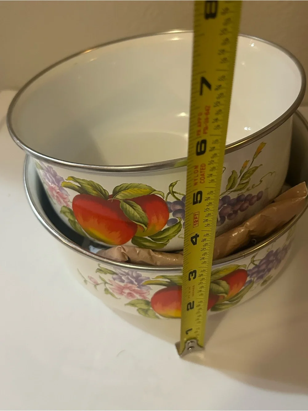 White Fruit-Pattern Enamel Mixing Bowls - Set of 2